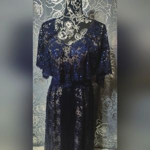 60s Kiki Hart Royal Blue Lace & Sequins Capelet Wedding Guest Dress Small